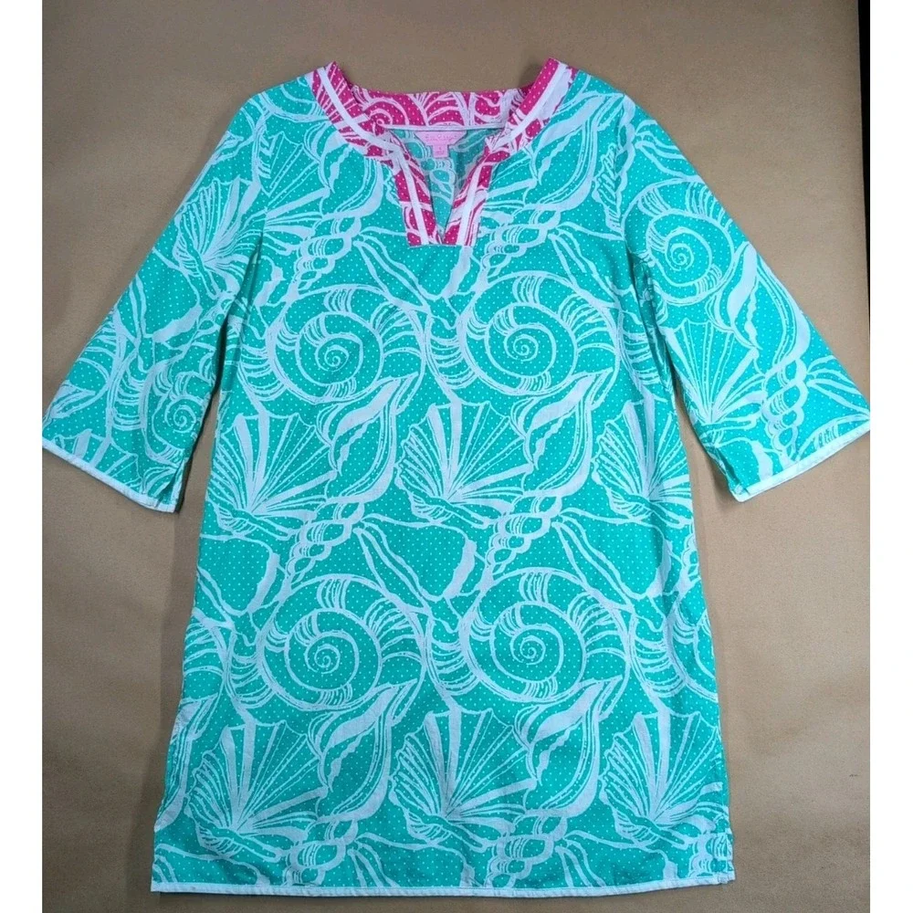Lilly‎ Pulitzer Women Small Swim Cover Teal Tunic King Conch 3/4 Sleeve Seashell
